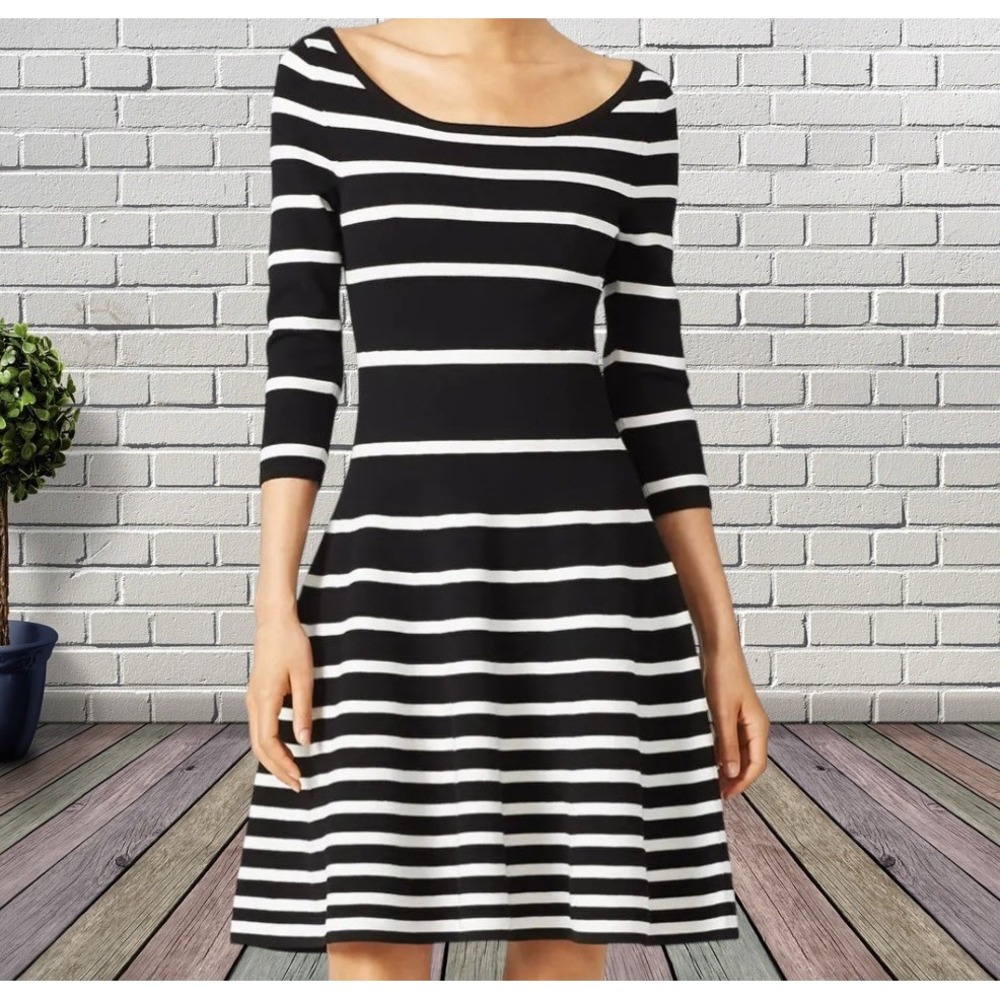 Milly Y2K Mime Black and White Dress Fit and Flare 3/4 Sleeves Boat Neck Retro